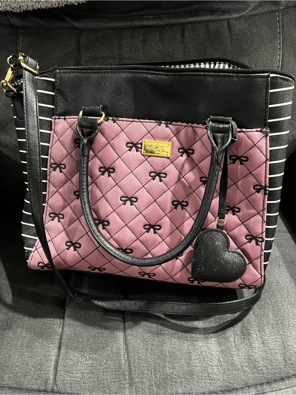 Betsey Johnson Purple and Black Bow Print Crossbody Tote with Heart Charm